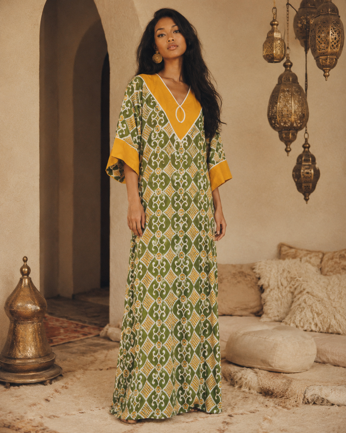 1960s Indian Cotton Batik-Style Block-Print Maxi Caftan