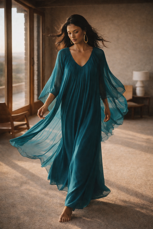 1970s Teal Pleated Goddess Caftan