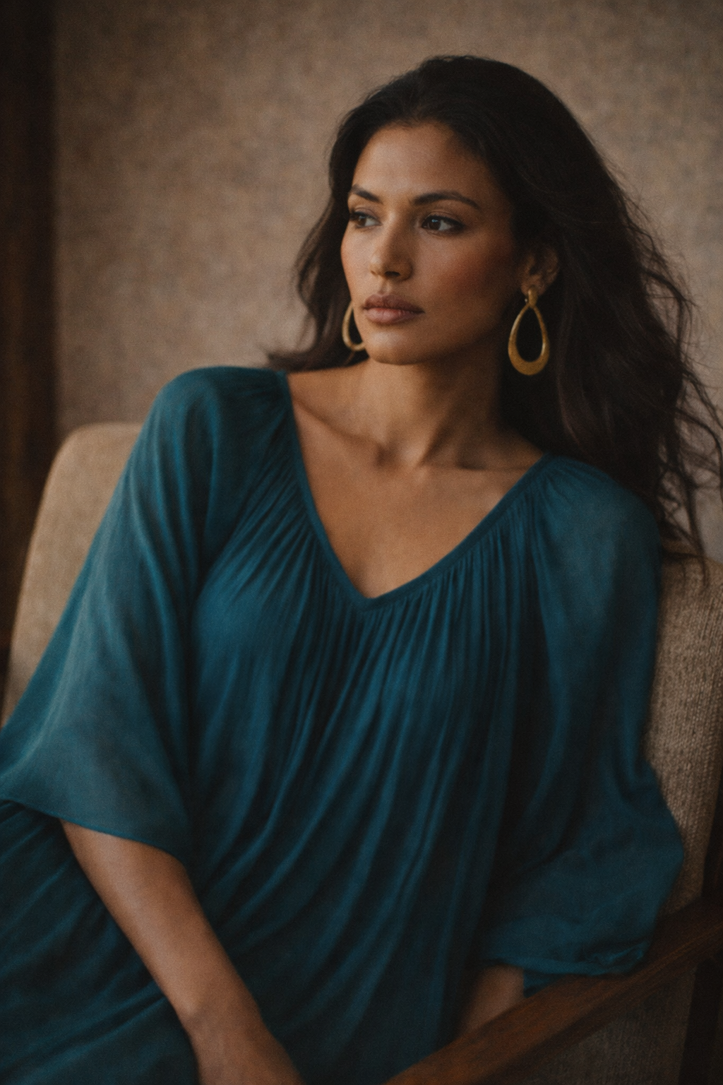 1970s Teal Pleated Goddess Caftan