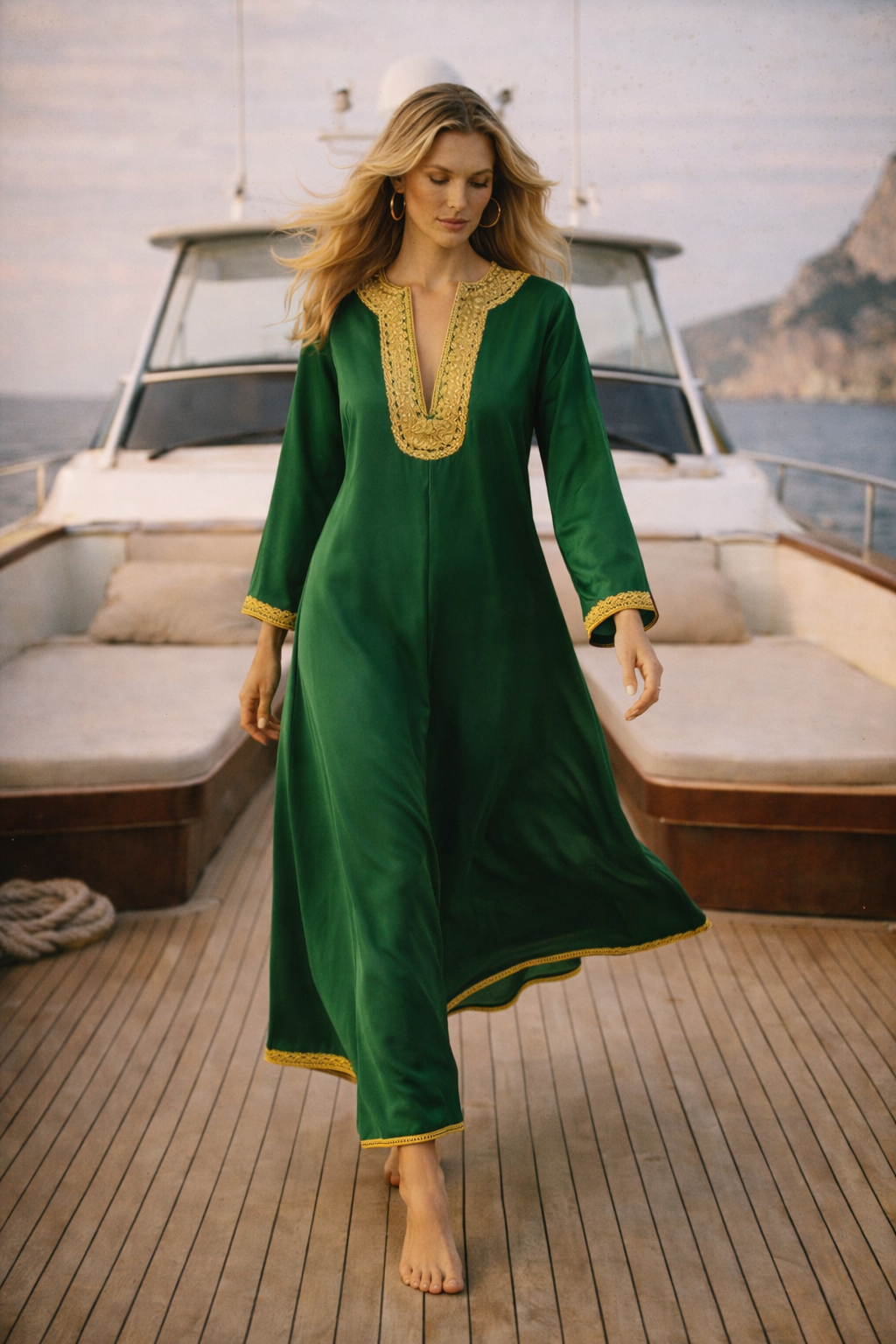 1960s Emerald Silk Caftan with Gold Embroidery — Mediterranean Heirloom
