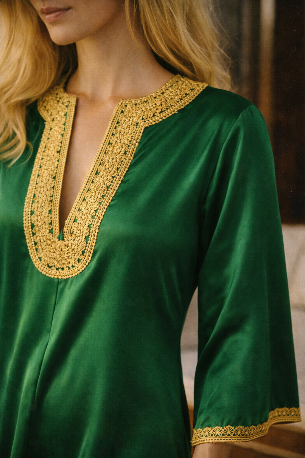1960s Emerald Silk Caftan with Gold Embroidery — Mediterranean Heirloom