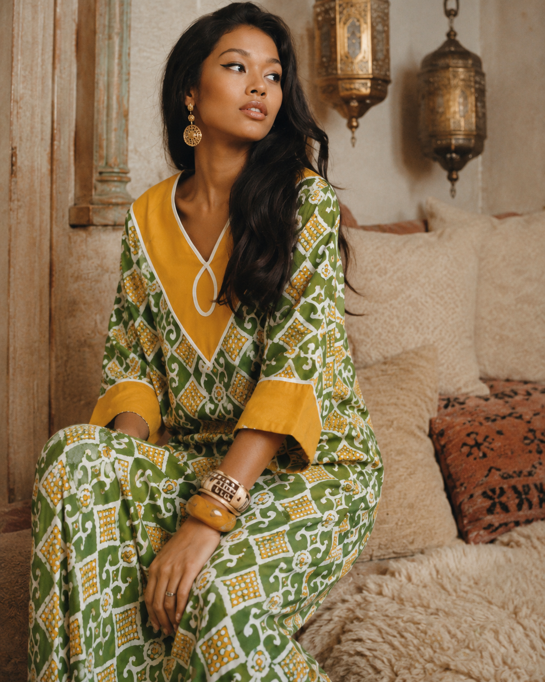 1960s Indian Cotton Batik-Style Block-Print Maxi Caftan