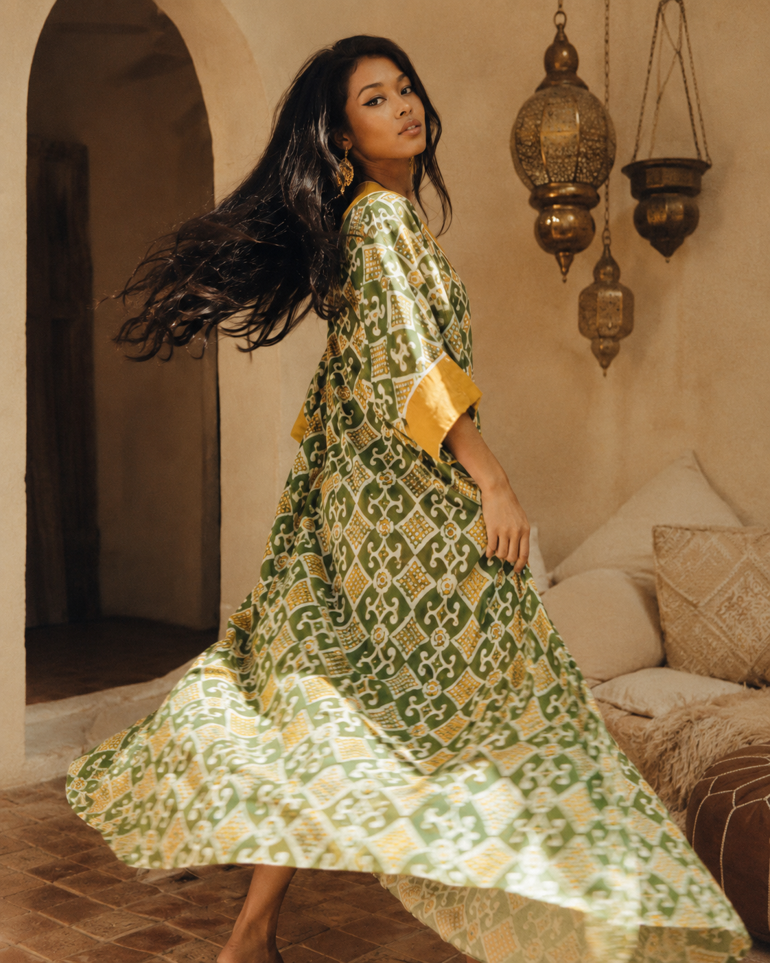 1960s Indian Cotton Batik-Style Block-Print Maxi Caftan