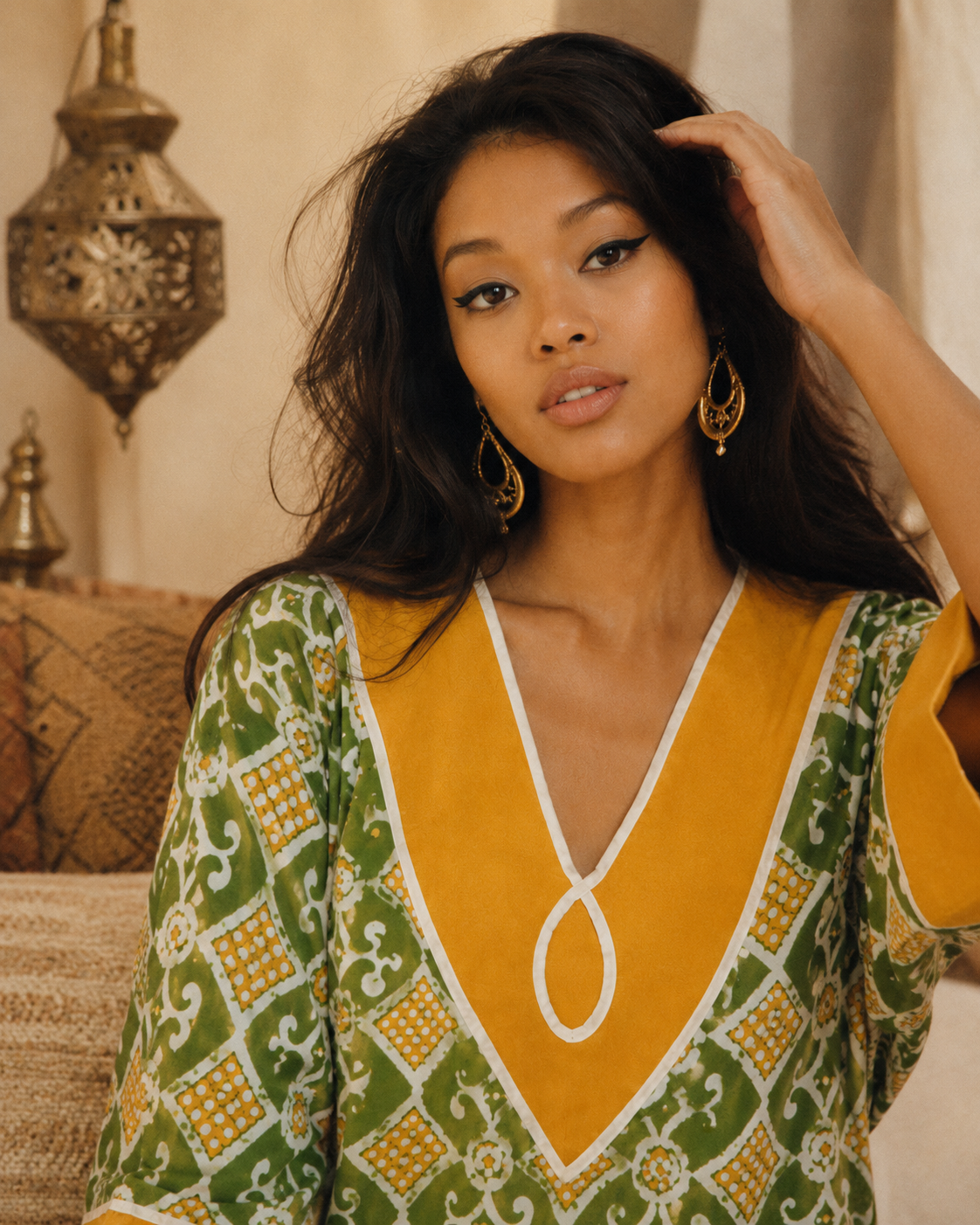 1960s Indian Cotton Batik-Style Block-Print Maxi Caftan
